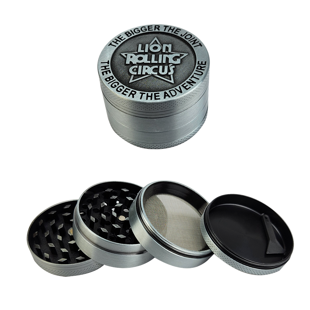 15183242964-pdhs2r71.png Dichavador De Metal Lion Rolling Circus Médio 4 Partes - Prata Velho - Imagem 1