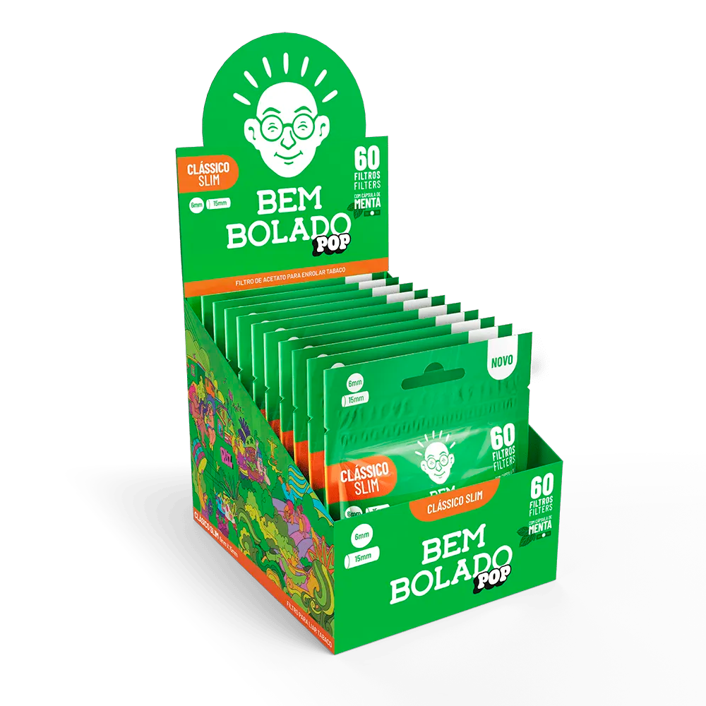 15439317681-bembola05.png Display Filtro Bem Bolado Pop Slim Menthol 6x15mm (CX/10 Pacotes de 60un) - Imagem 1